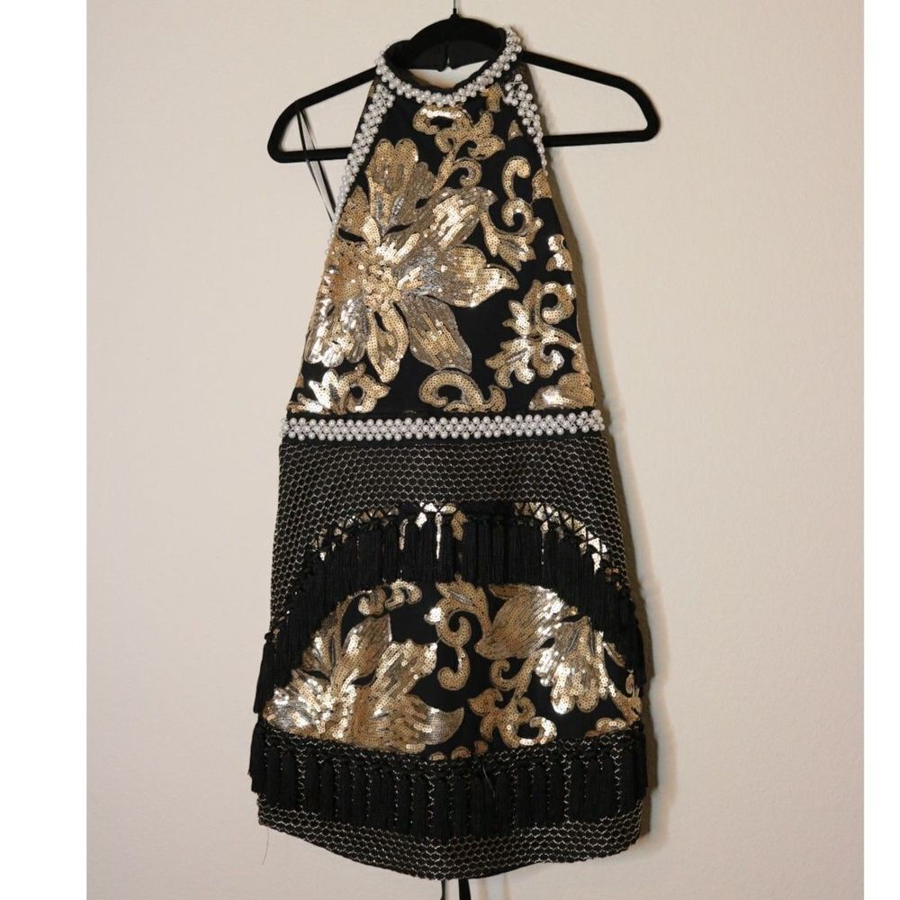 Pretty Little Thing | Black halter tassel and sequin backless dress | 14